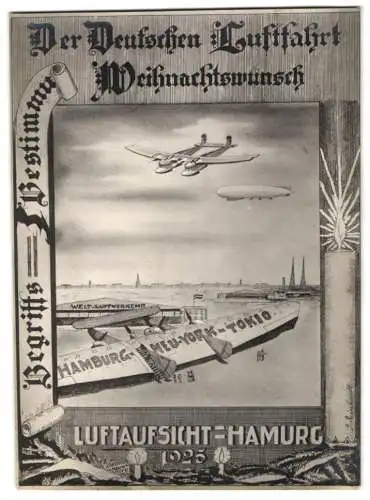 Fotografie unbekannter Fotograf, Ansicht Hamburg, Zeppelin-Luftschiff & Flugzeug Hamburg-New York-Tokio 1925