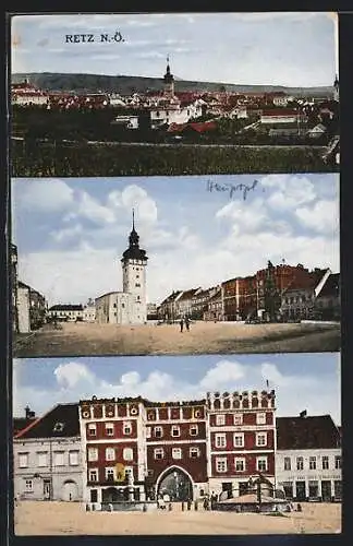 AK Retz, Torgebäude mit Denkmal, Kirche u. Cafe Karl Süss, Ortspartie mit Kirche, Ortsansicht