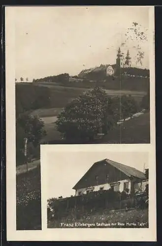 AK Maria Taferl, Franz Eilnbergers Gasthaus zur Rose, Blick zur Kirche