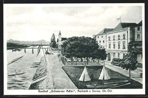 AK Aschach a. Donau, Uferpartie mit Gasthof Schwarzer Adler