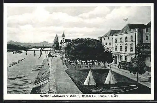 AK Aschach a. Donau, Uferpartie mit Gasthof Schwarzer Adler