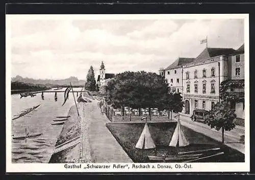 AK Aschach a. Donau, Uferpartie mit Gasthof Schwarzer Adler