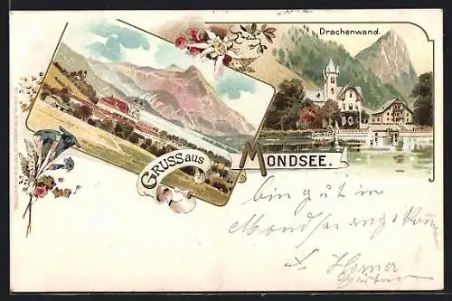 Lithographie Mondsee, Ortsansicht, Drachenwand