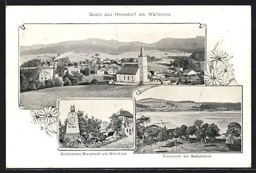 AK Henndorf am Wallersee, Badeplatz, Stelzhamers Monument und Wohnhaus