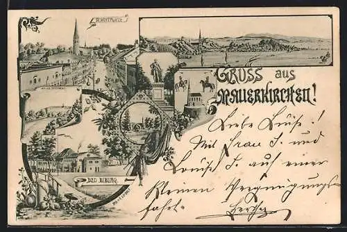 Lithographie Mauerkirchen, Marktplatz, Schloss Spitzenberg, Bad Biburg