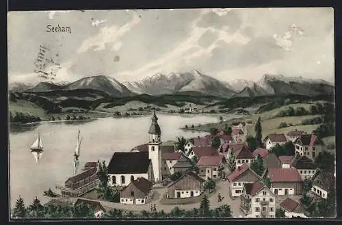 AK Seeham, Ortsansicht mit See und Bergen