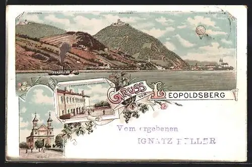 Lithographie Leopoldsberg, Restaurant auf dem Leopoldsberg, Kirche