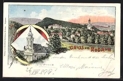 Lithographie Rodaun, Ortsansicht mit Kirche