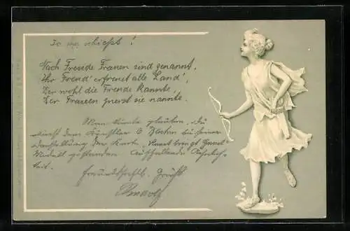 AK Junge Frau mit Pfeil und Bogen, Jugendstil