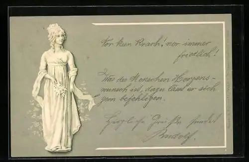 AK Junge Frau im Kleid mit Blumen, Jugendstil