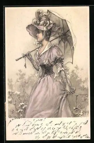 AK Junge Dame im Kleid mit Sonnenschirm, Jugendstil