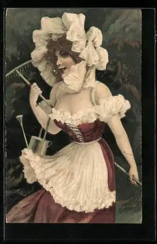 Präge-AK Junge Frau im Kleid mit Rechen, Jugendstil