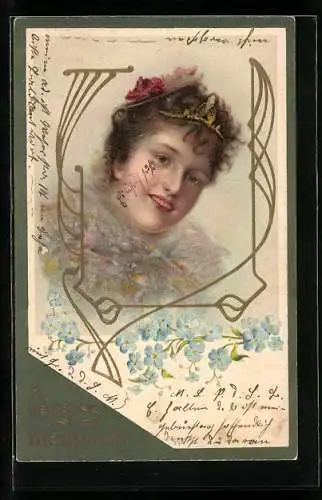 Präge-AK Junge Frau mit Diadem und Vergissmeinnicht, Jugendstil