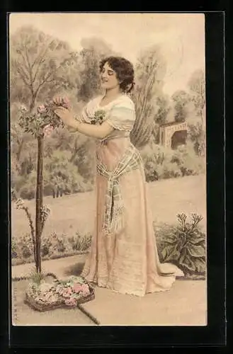 AK Junge Frau im Kleid pflückt Rosen, Jugendstil