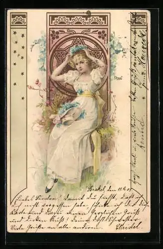 AK Junge Dame im Kleid mit Blumenkranz, Jugendstil