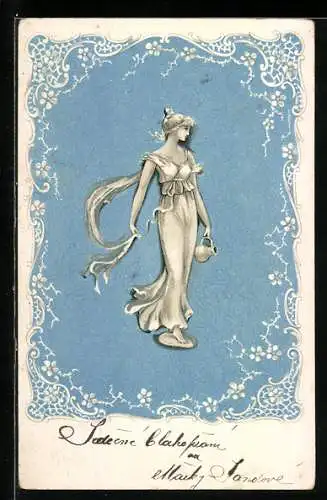 AK Junge Frau im Kleid mit einem Krug, Jugendstil