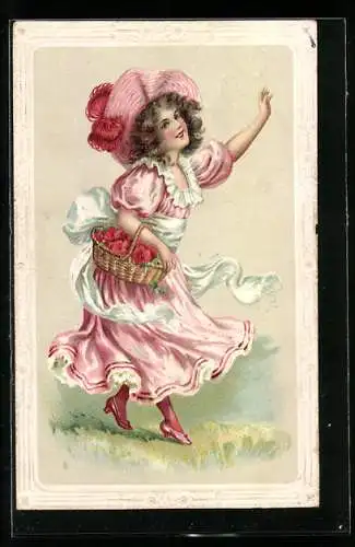 Präge-AK Junge Dame im Kleid mit Blumenkorb, Jugendstil