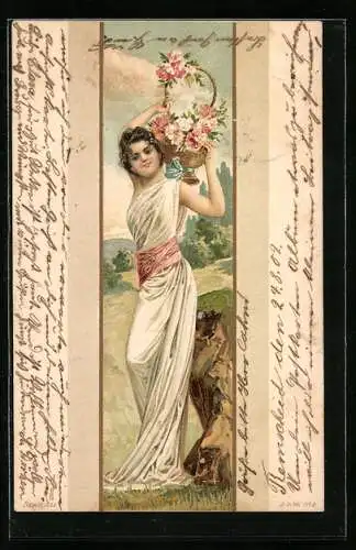 AK Frau im Kleid mit Blumenkorb auf der Schulter, Jugendstil
