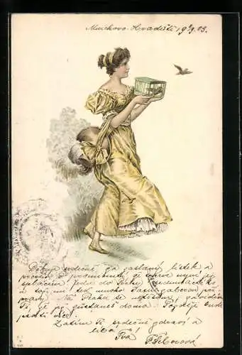 AK Junge Frau mit einem Vogelkäfig im Jugendstil