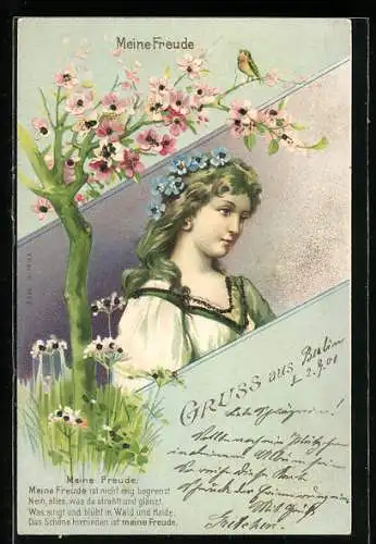 Glitzer-Perl-AK Mädchen mit Blumen im Haar, Kleid