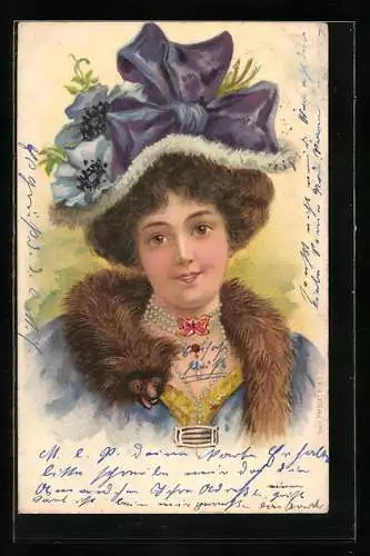 Lithographie Frau mit Pelz und grossem Hut, Jugendstil