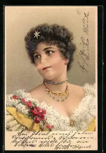 Lithographie Dunkelhaarige Schöne auf dem Kleid, Jugendstil