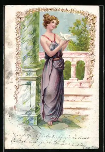 AK Junge Frau im Kleid mit weisser Taube, Jugendstil