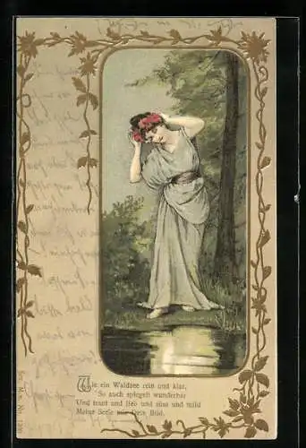 Präge-AK Junge Frau spiegelt sich im Fluss, Jugendstil