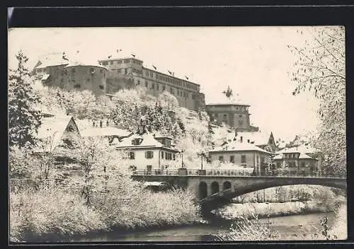 AK Tübingen, Flusspartie mit Brücke im Schnee