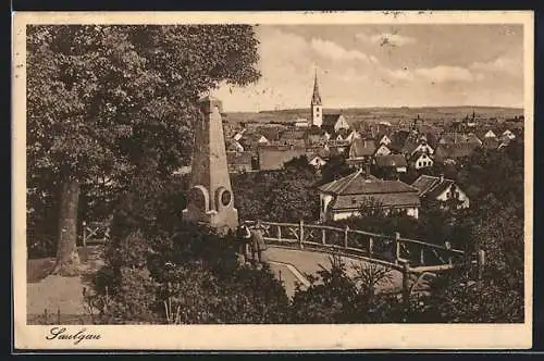 AK Saulgau, Kinder am Schillerdenkmal vor dem Stadtpanorama