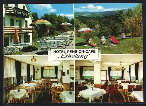 AK Laibach bei Berleburg, Hotel-Pension-Café Erholung, Innen- und Gartenansichten