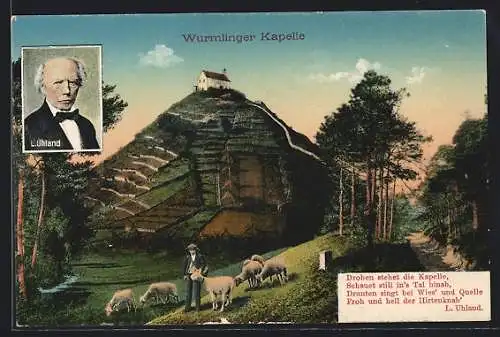 AK Wurmlingen / Wurmlinger Kapelle, Die Wurmlinger Kapelle auf dem Berg, Hirte mit Schafen