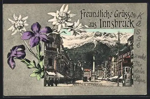 AK Innsbruck, Maria Theresienstrasse mit Denkmal und Strassenbahn, Alpenblumen