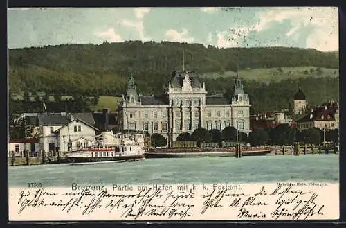 AK Bregenz, Partie am Hafen mit k. k. Postamt