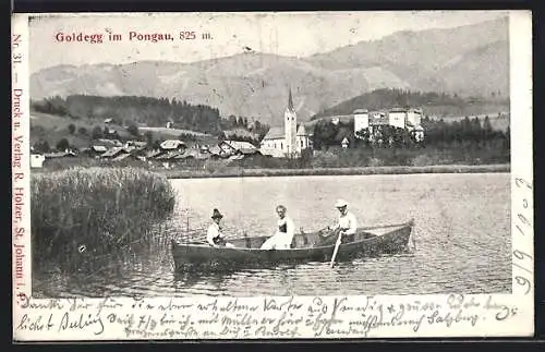 AK Goldegg / Pongau, Ortsansicht vom See gesehen, Familie im Ruderboot