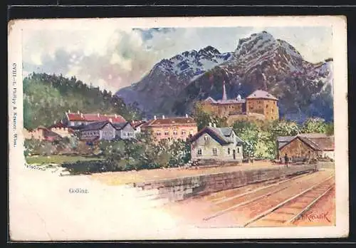 Künstler-AK Franz Kopallik: Golling, Panorama mit Bahnhof