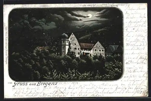 Lithographie Bregenz, Villa mit beleuchteten Fenstern bei Nacht