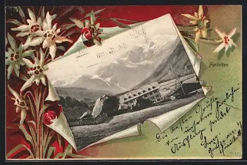 Passepartout-AK Ferleiten, Ortspartie mit Gebirge, Edelweiss