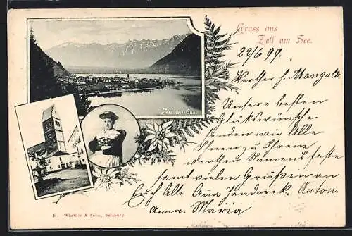 AK Zell am See, Die Kirche, Gesamtansicht gegen die Berge