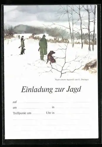 Künstler-AK Zwei Jäger mit ihren Hunden im Schnee, Jagdeinladung