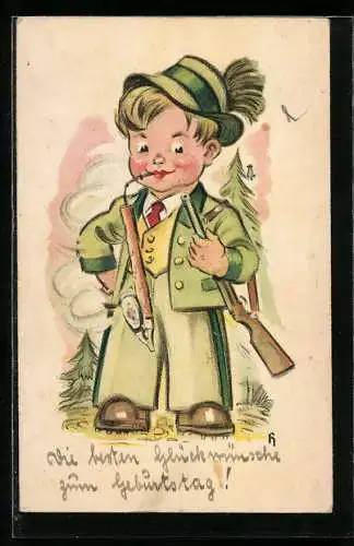 Künstler-AK kleiner rauchender Jäger betrachtet stolz sein Gewehr