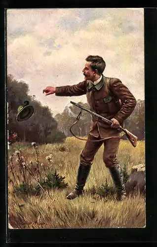 Künstler-AK Jäger wird der Hut vom Kopf geblasen