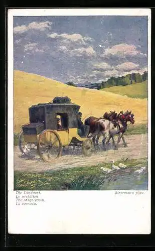 Künstler-AK Die Landpost, Postkutsche auf der Landstrasse
