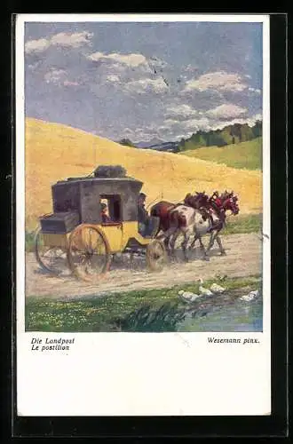 Künstler-AK Die Landpost, Postkutsche auf der Landstrasse