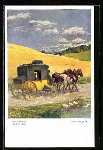 Künstler-AK Die Landpost, Postkutsche auf der Landstrasse