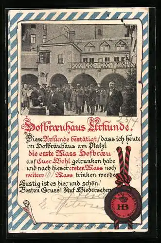 AK Trinkerurkunde aus dem Münchner Hofbräuhaus, Gäste im Hof
