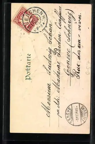 Lithographie München, Münchner Kindl fliegt auf einem Bierfass, Im Hintergrund Frauenkirche