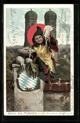 AK Münchner Kindl mit Frauenkirche und Wappen