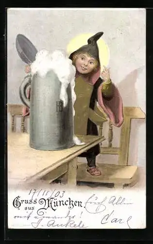 Künstler-AK München, Münchner Kindl mit grossem Bierkrug