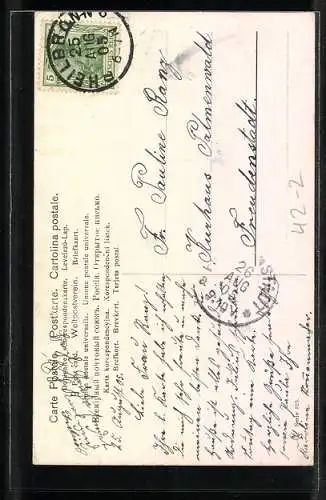 Künstler-AK Jäger auf einem Baumstumpf sitzend beobachtet hübsche Frau mit Fernglas